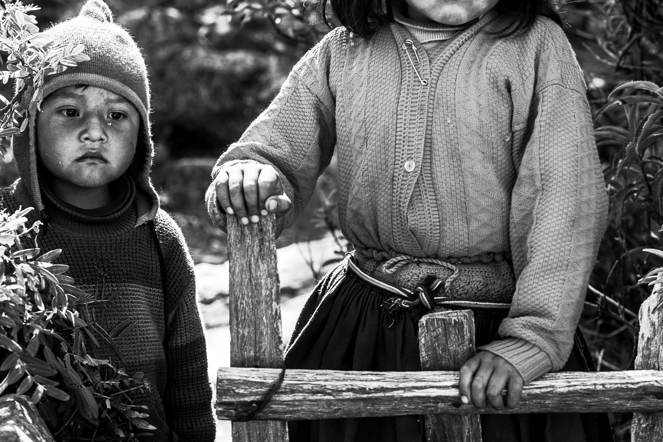 Black and white portrait of Andean children standing behind wooden fence wearing traditional clothing. Imagen 3