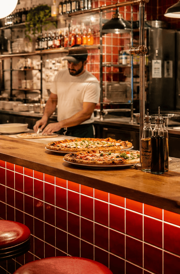 Pizza restaurant counter with chef preparing pizzas in a warm, red-tiled kitchen
