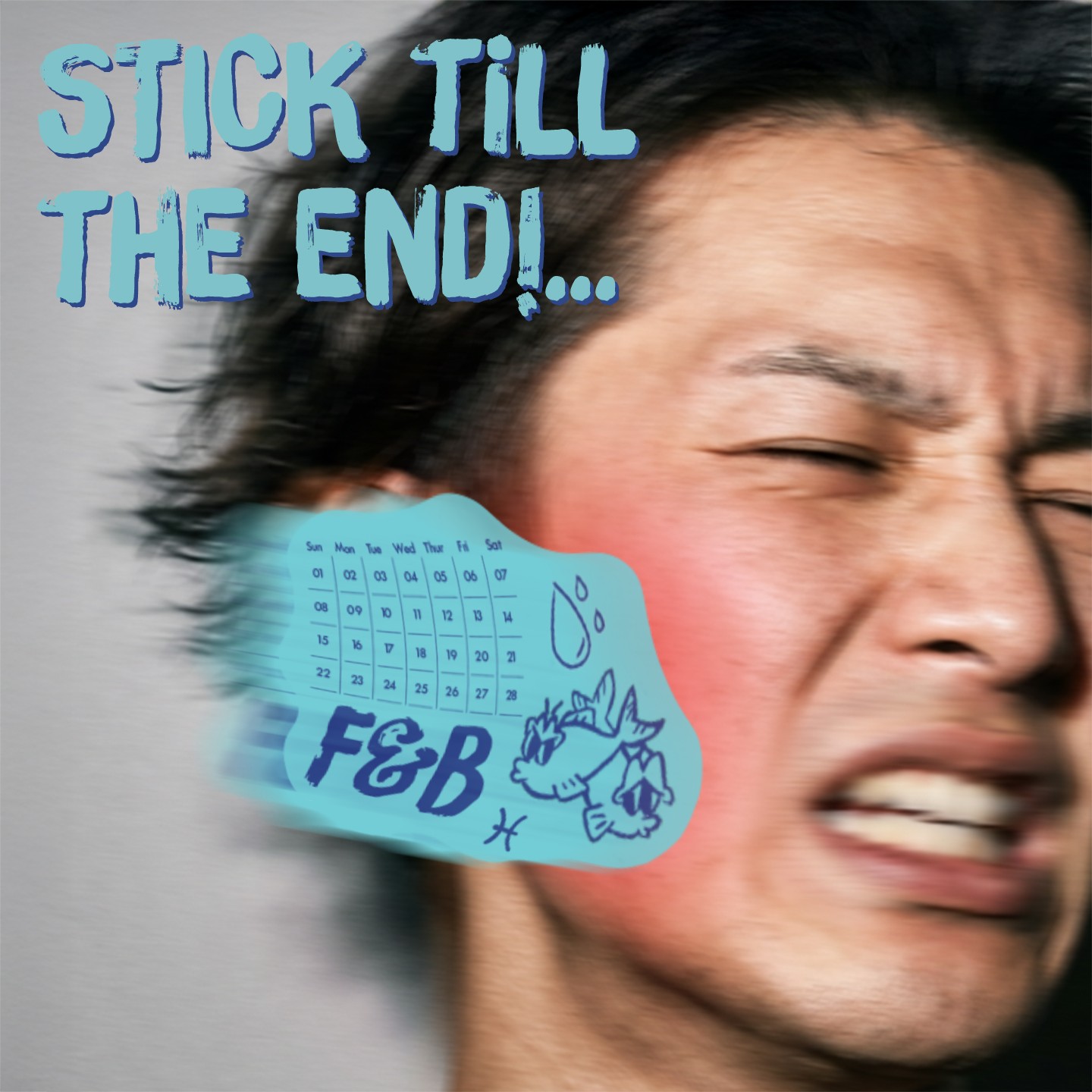 A close-up action shot of a person’s face reacting as a teal calendar sticker labeled “FEB” appears mid-motion near their cheek, with the text “Stick Till the End!” above, conveying humor and impact.