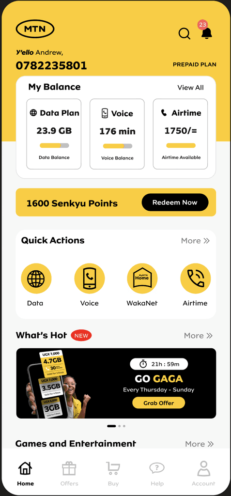 MyMTN app home screen  interface 