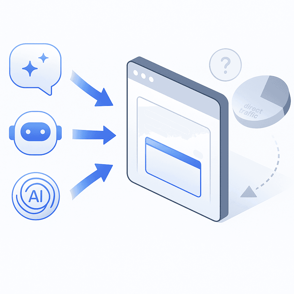 Diagram showing AI assistants sending site visits that end as untraceable direct traffic in analytics