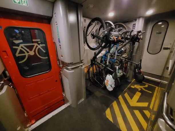 Bikes in a rack on a Swiss train