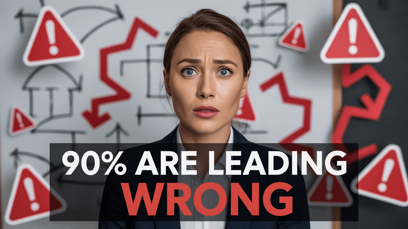 Confused business leader with warning icons and broken flowcharts plus 90% Are Leading Wrong text