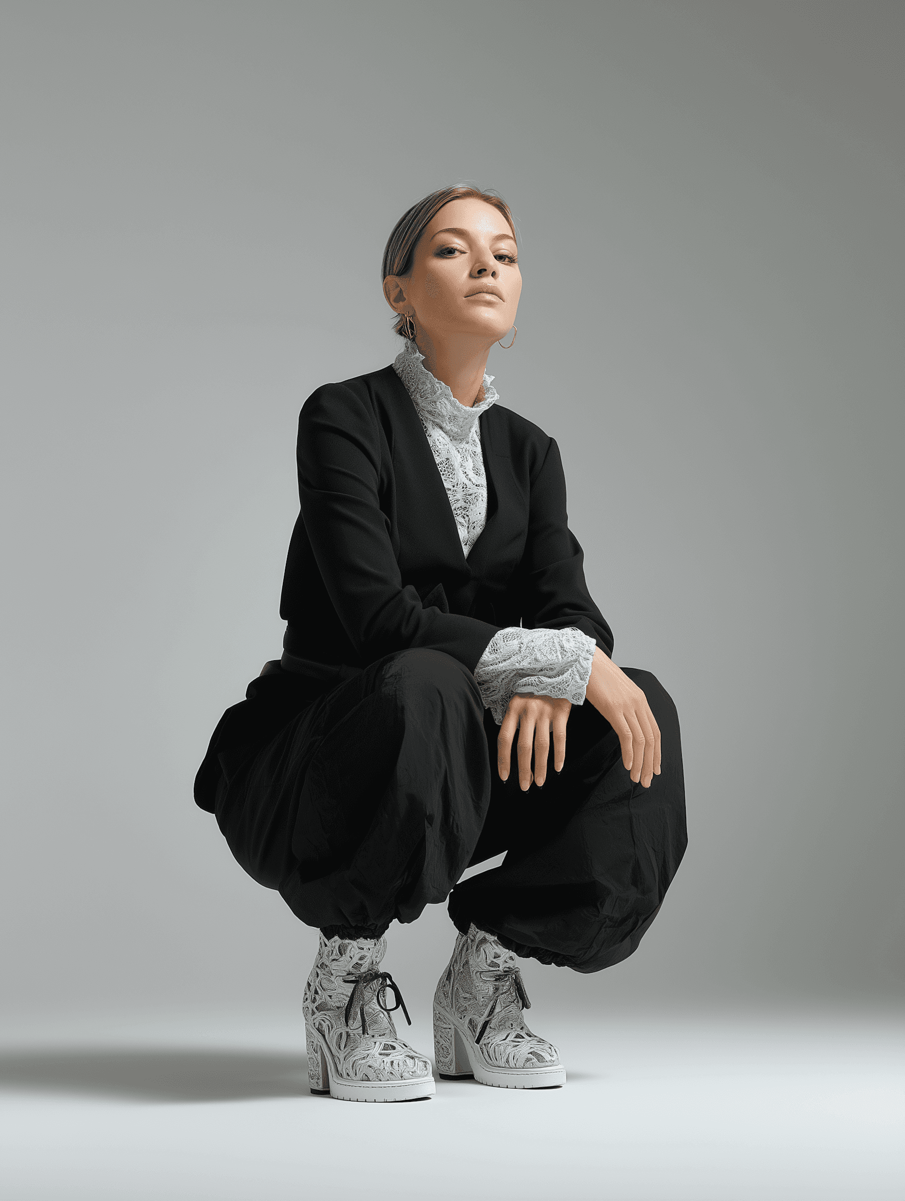 A model pausing while leaning towards a clear warm background