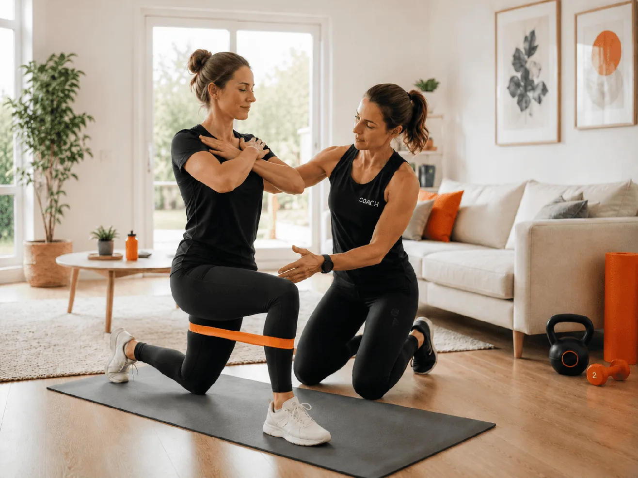 Une coach corrige la posture d’une participante pendant un exercice avec élastique