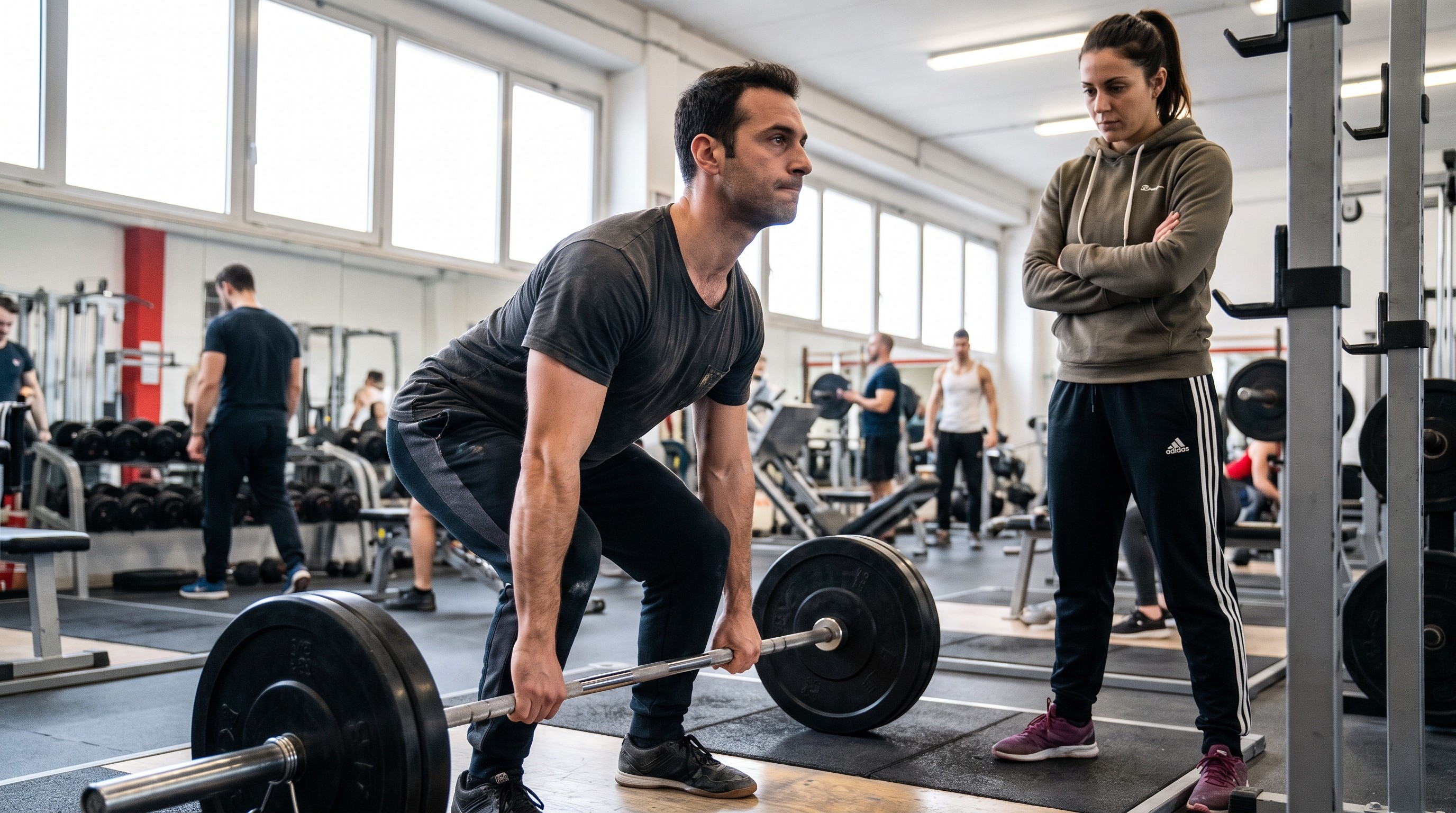 Atleta esegue stacco da terra con tecnica corretta sotto la supervisione di un istruttore di powerlifting