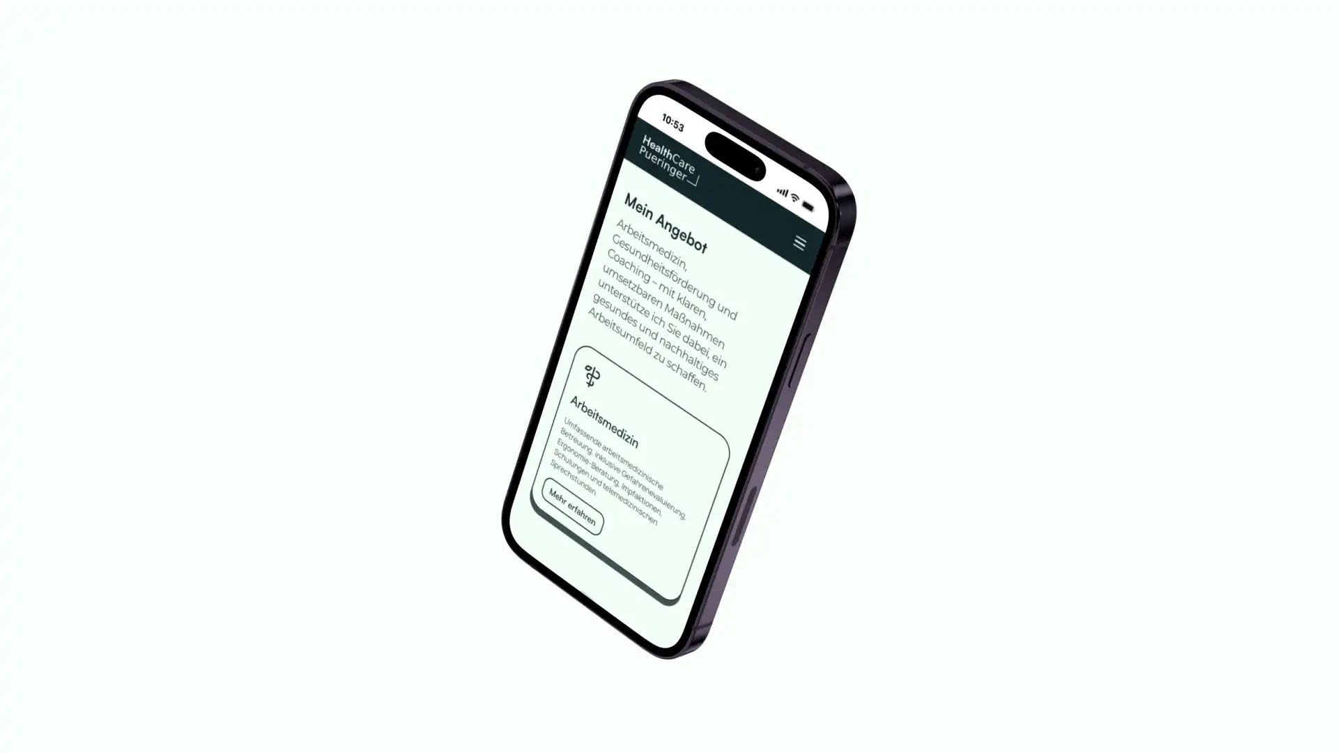 Ein Bild von einem Iphone auf dem die Website von HealthCare Pueringer geöffent ist vor einem hellgrünen Hintergrund.
