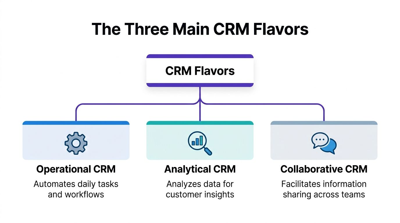 A diagram illustrating the three main types of customer relationship management: operational, analytical, and collaborative CRM.