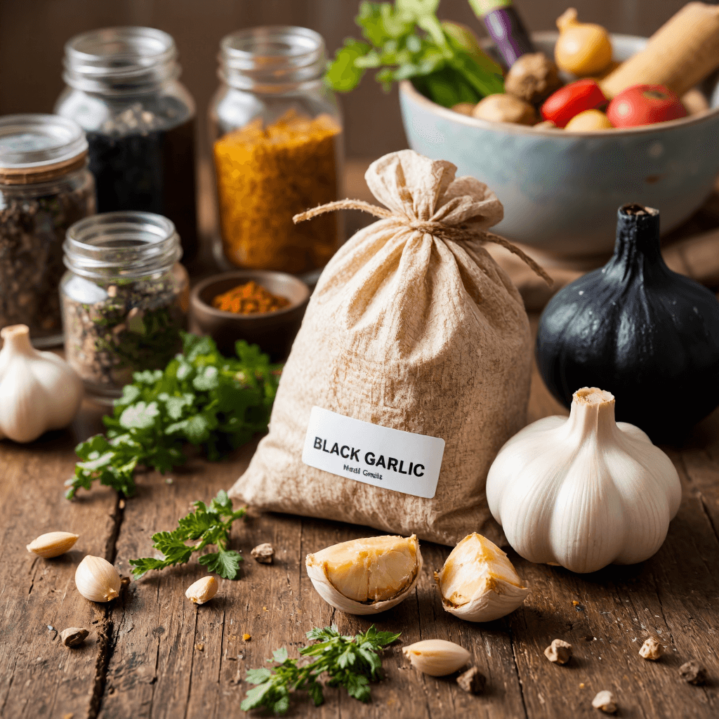 product photography of bag of garlic and two pieces of black garlic