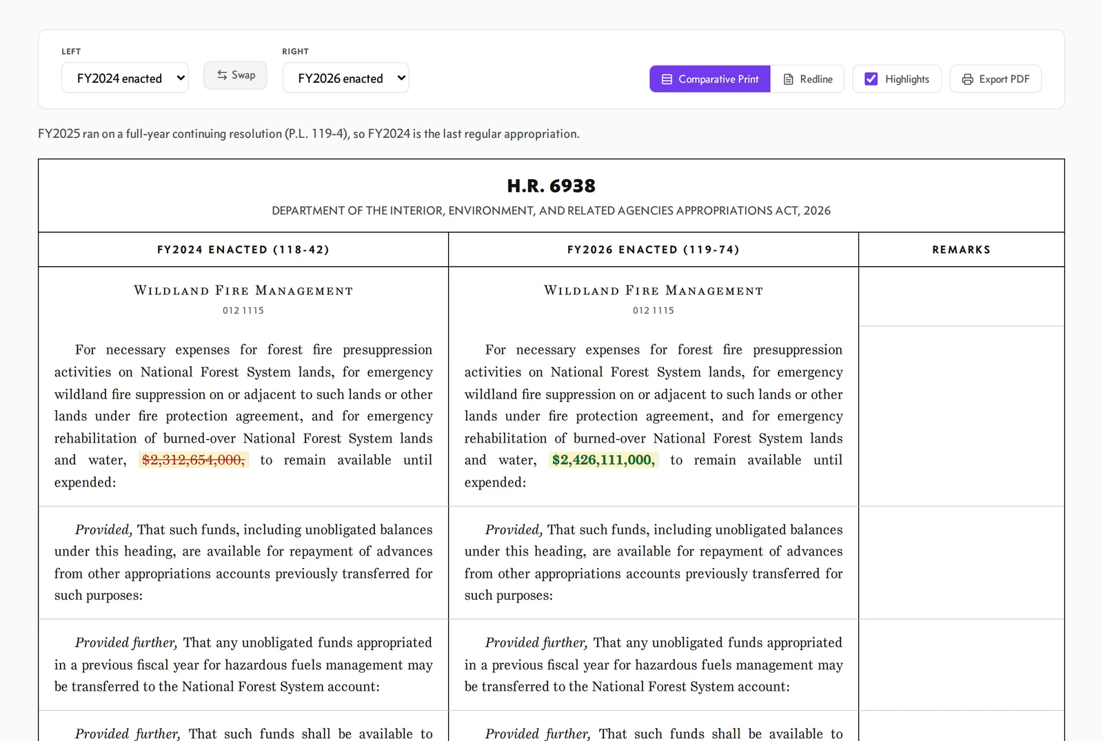 Comparative print of an account's language, FY2024 enacted beside FY2026 enacted.