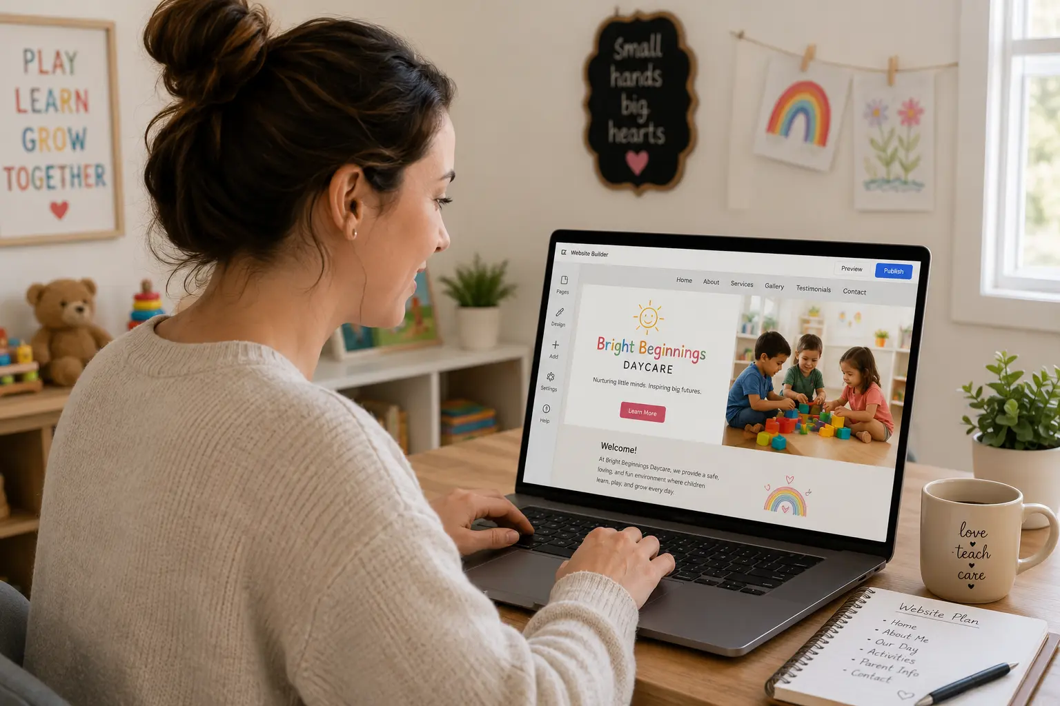 a woman works on a laptop building a website for a preschool