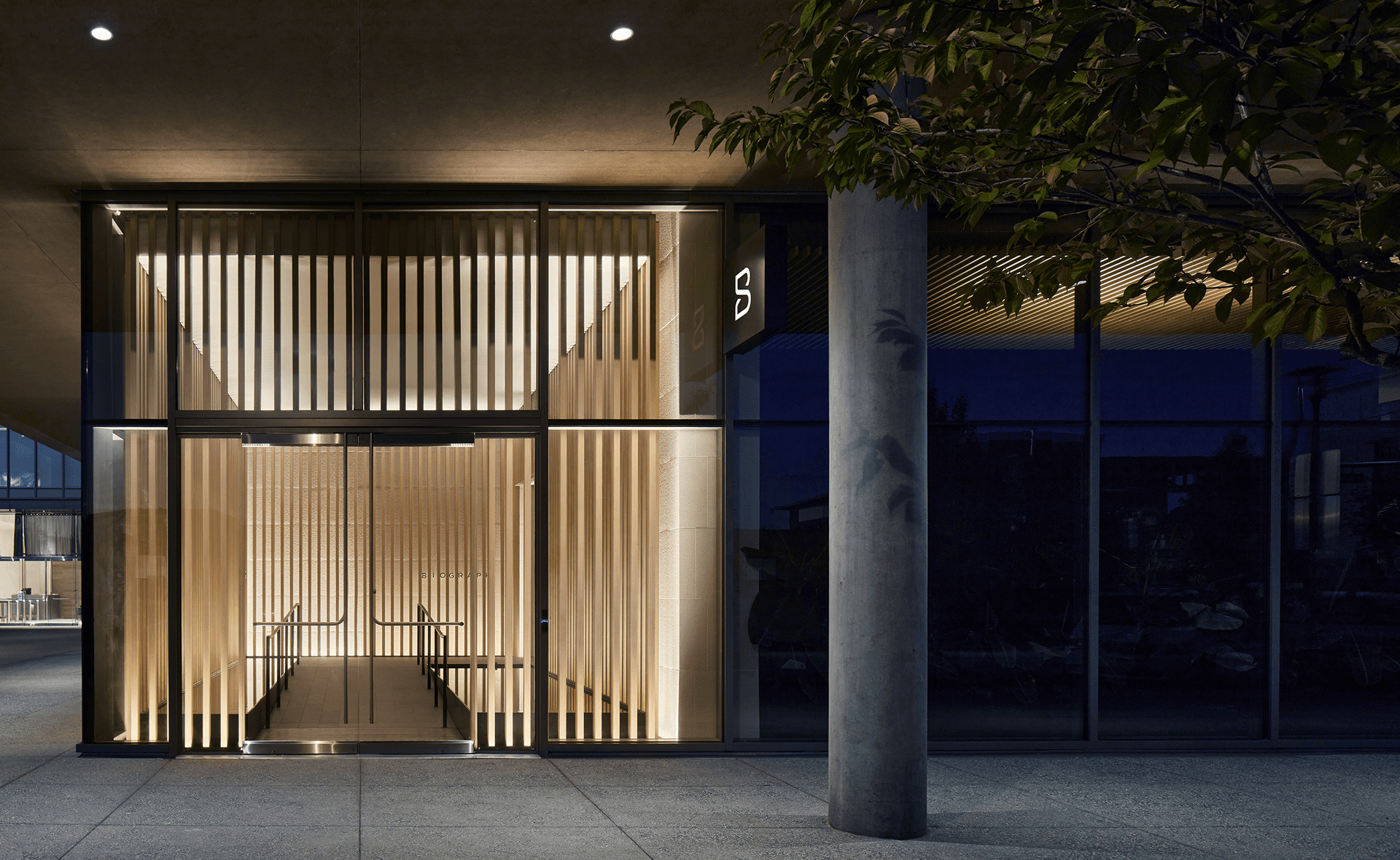 Modern clinic entrance at night with a glass façade, vertical wooden slats, and warm interior lighting.