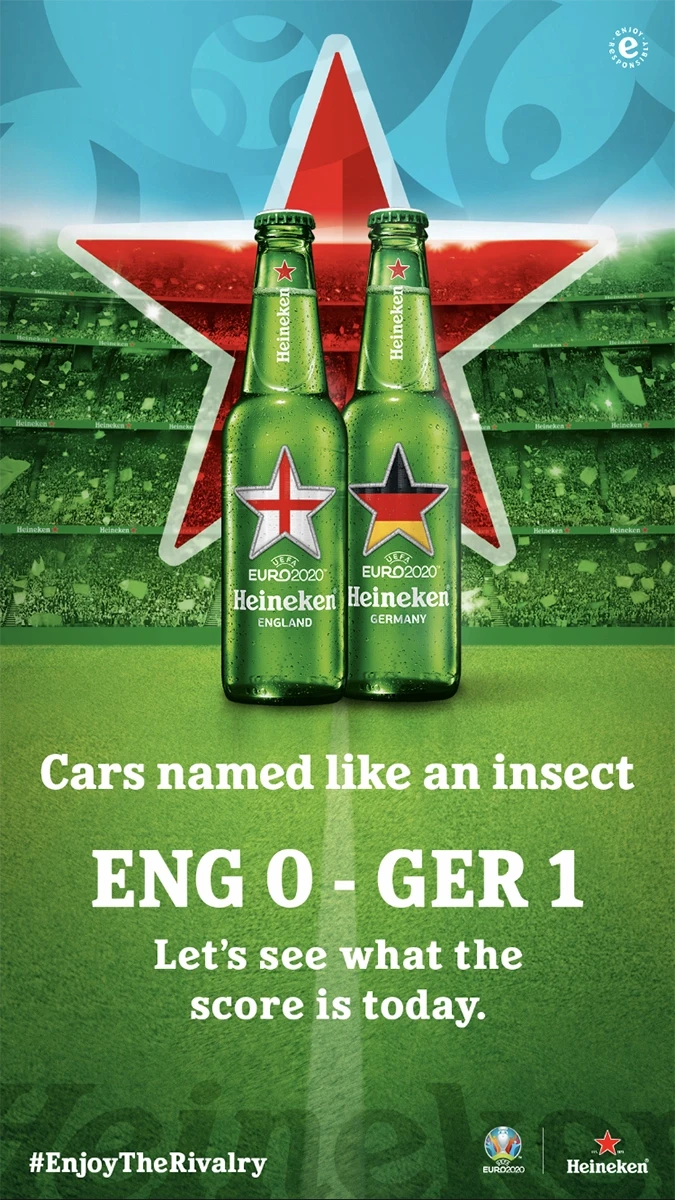 Heineken UEFA Euro 2020 'Enjoy The Rivalry' campaign social post showing England and Germany branded bottles on football pitch, humorous 'Cars named like an insect ENG 0 - GER 1' alternative scoreline referencing the Volkswagen Beetle