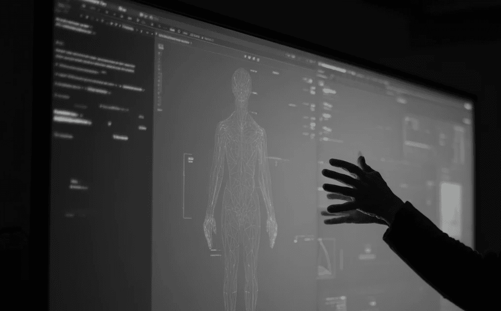 Practitioner reviewing a full-body digital anatomy scan on a large display screen