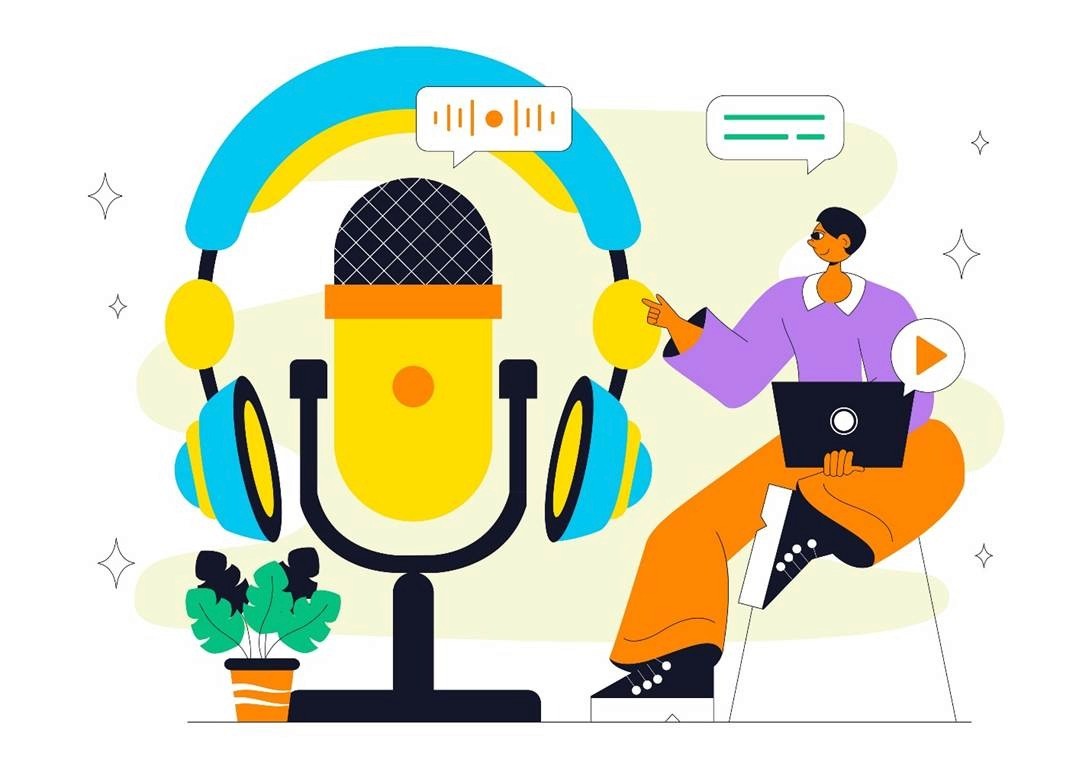 Creator with laptop sitting beside a large podcast microphone and headphones with audio waveform icons