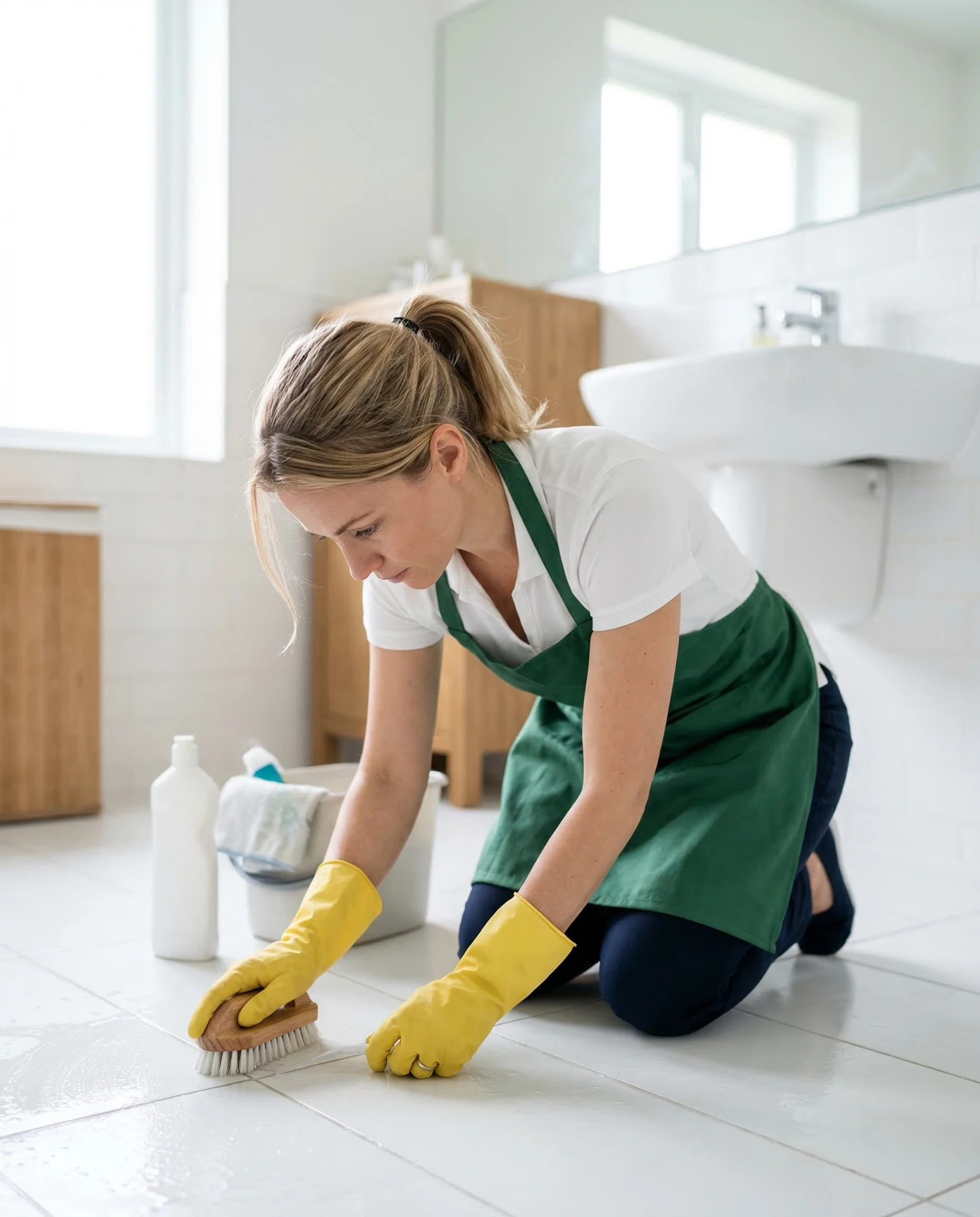 Woman in yellow gloves scrubbing bathroom floor tiles with a brush.