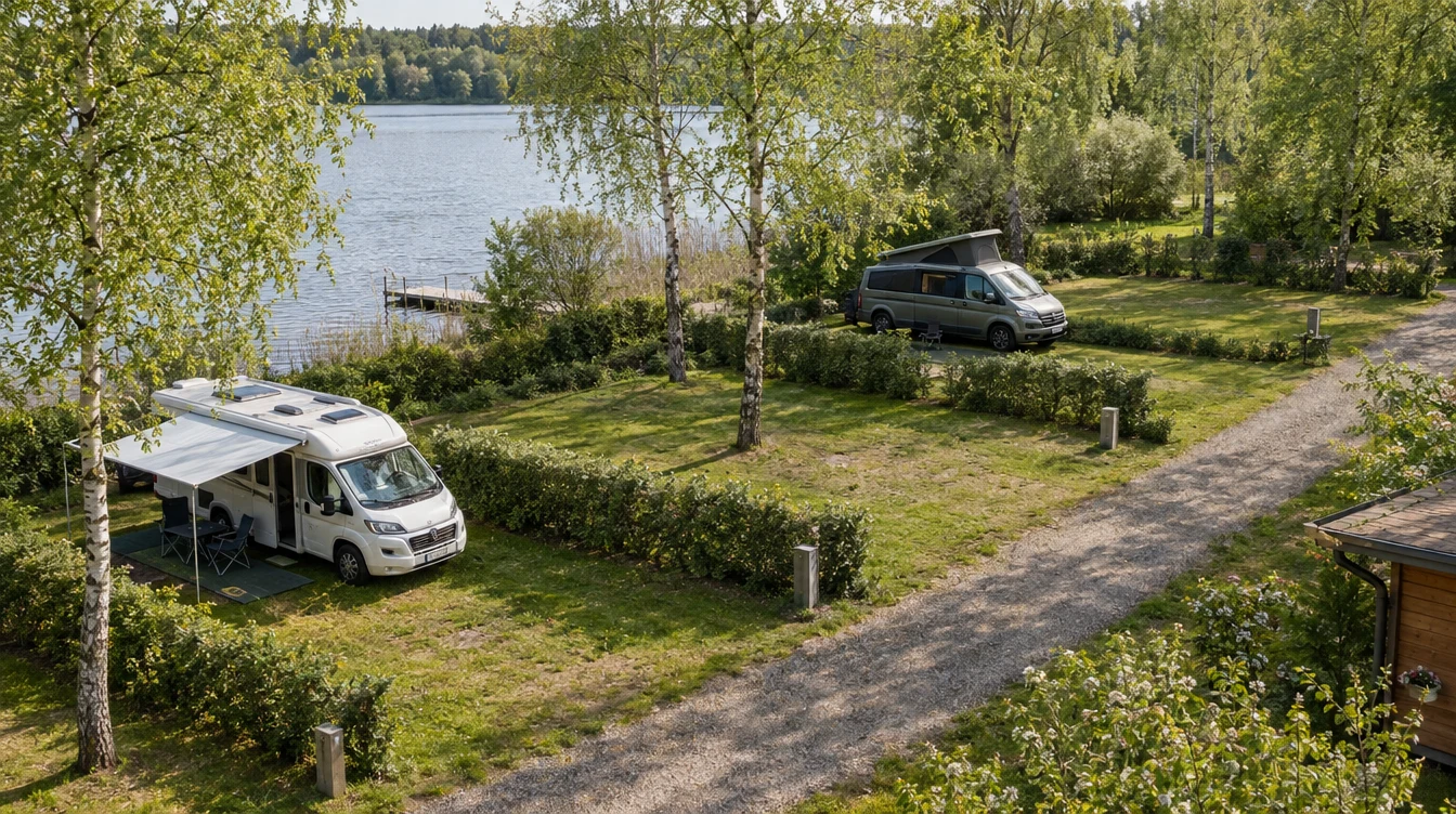 Stellplätze mit Campern und freien Parzellen am See