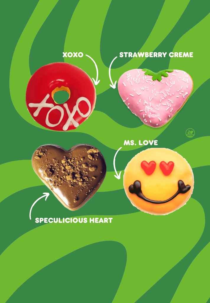 A selection of Dunkin’s vegan donuts, including XOXO, Strawberry Creme, Speculicious Heart, and Ms. Love, designed for plant-based and allergen-friendly indulgence.