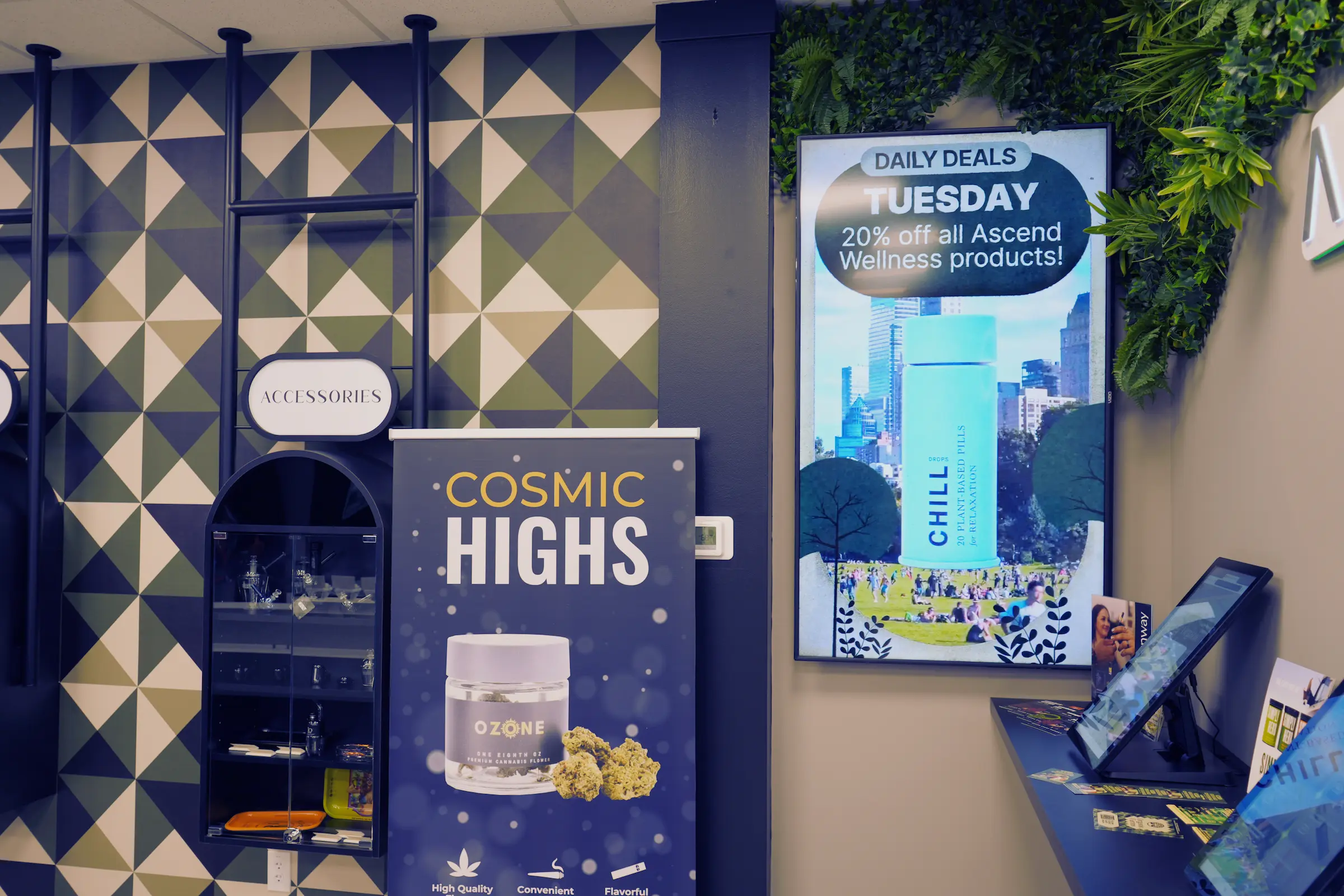 Product display wall with Cosmic Highs signage