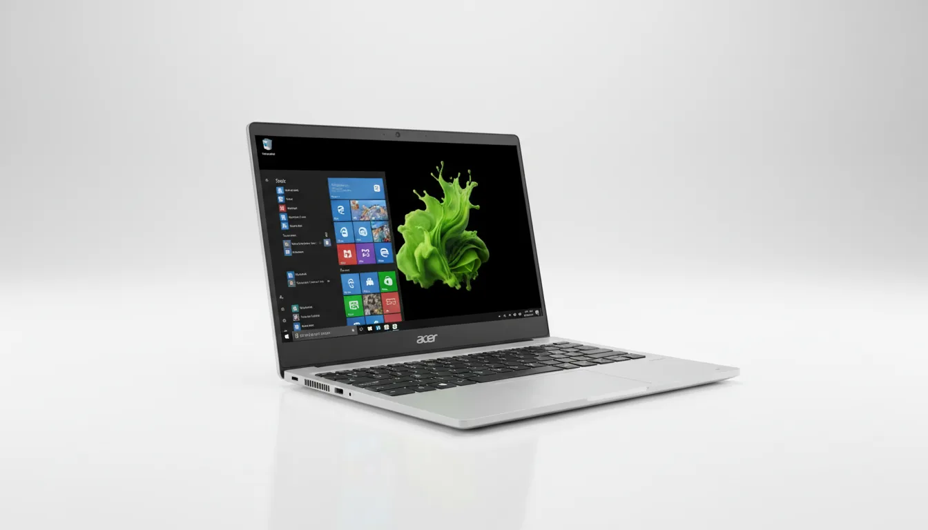 DSLR product photograph of a slim silver Acer laptop, angled to the right on a seamless white studio background. The device is open, revealing a matte black keyboard and a vibrant screen displaying the Windows 10 user interface with a Start Menu full of colorful UI elements, including an icon for Adobe software. The screen's wallpaper is a dynamic, abstract splash of bright green liquid against a black background. The shot uses soft studio lighting, emphasizing the laptop's clean design and brushed texture, with the entire object in sharp focus.