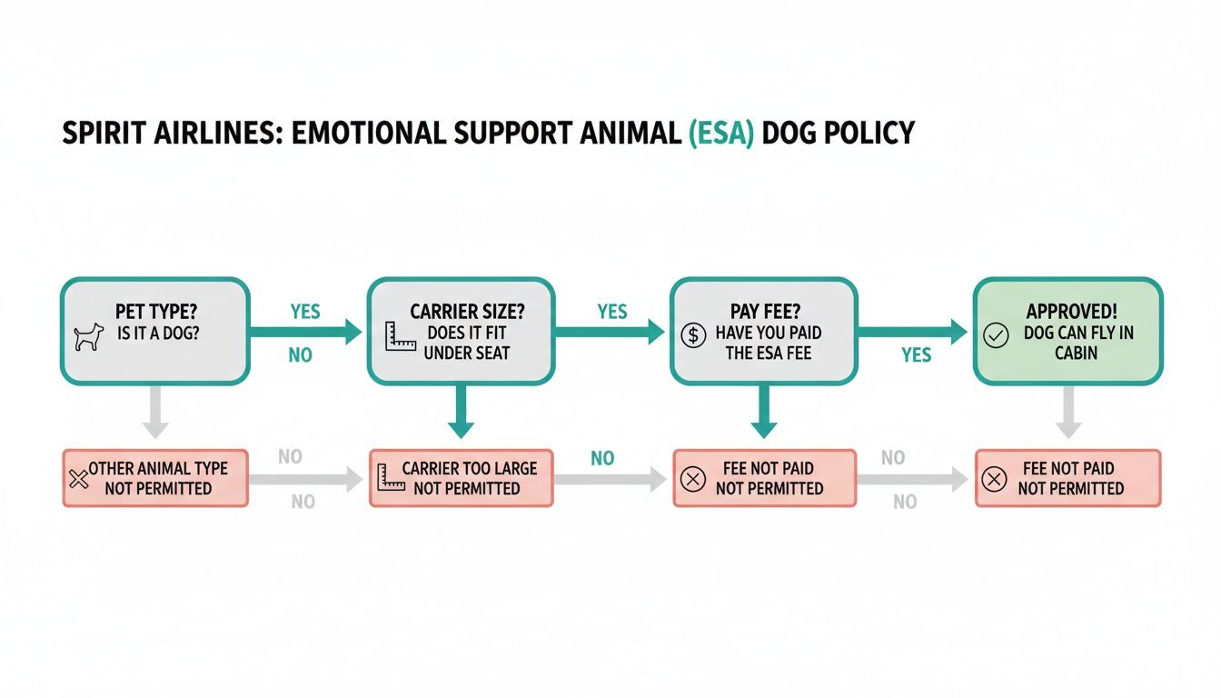 Flowchart showing Spirit Airlines' policy for Emotional Support Animal (ESA) dogs flying in the cabin.