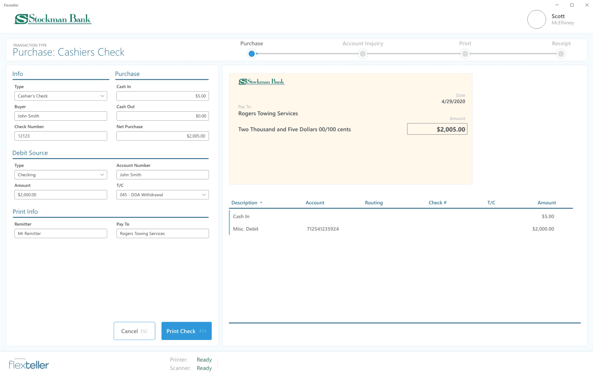 UI design of a bank teller app's cashier check screen.