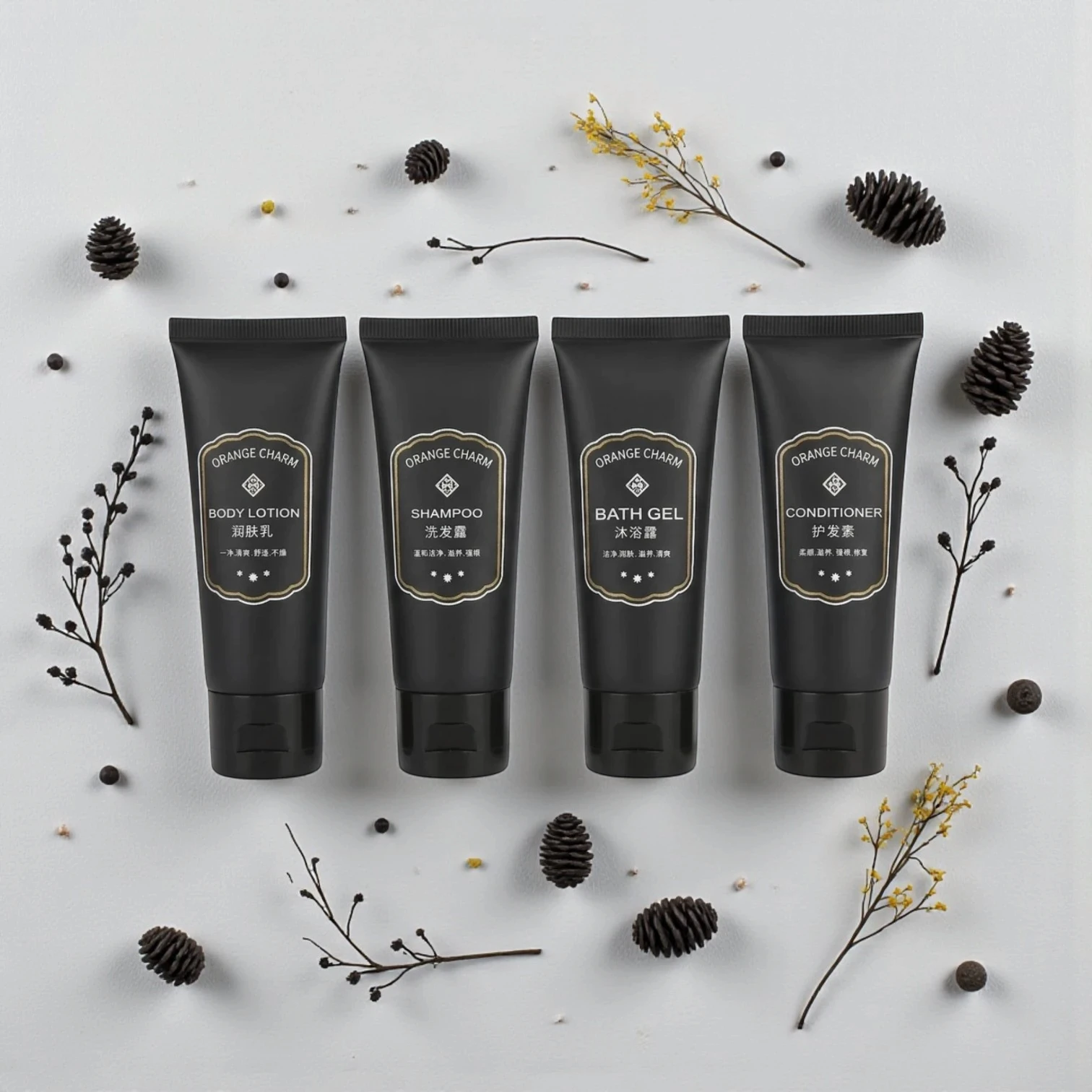 Bulk hotel amenities kit with sustainable packaging, featuring customizable bottles and logo branding for boutique hotels and hospitality chains.