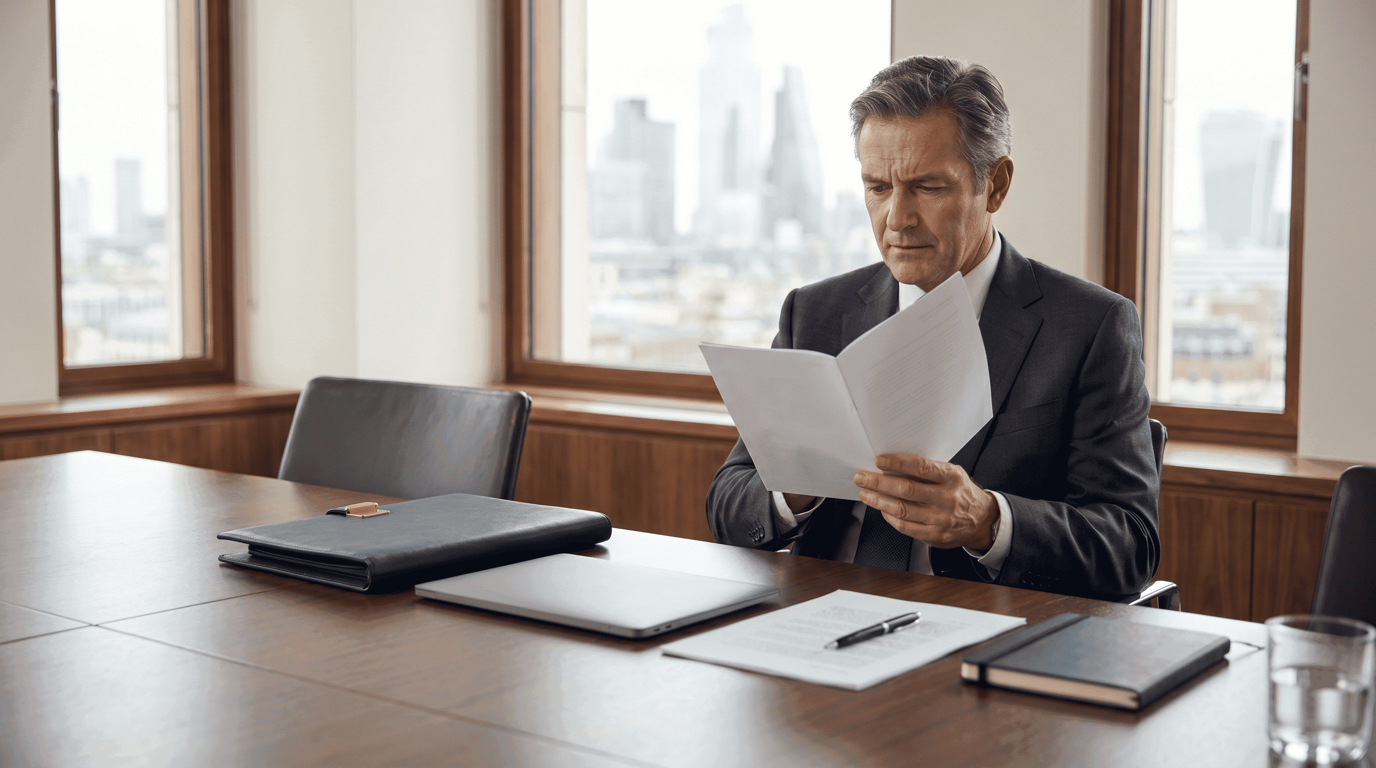 Business leader reviewing a major strategic decision with a senior commercial adviser before further value is put at risk.