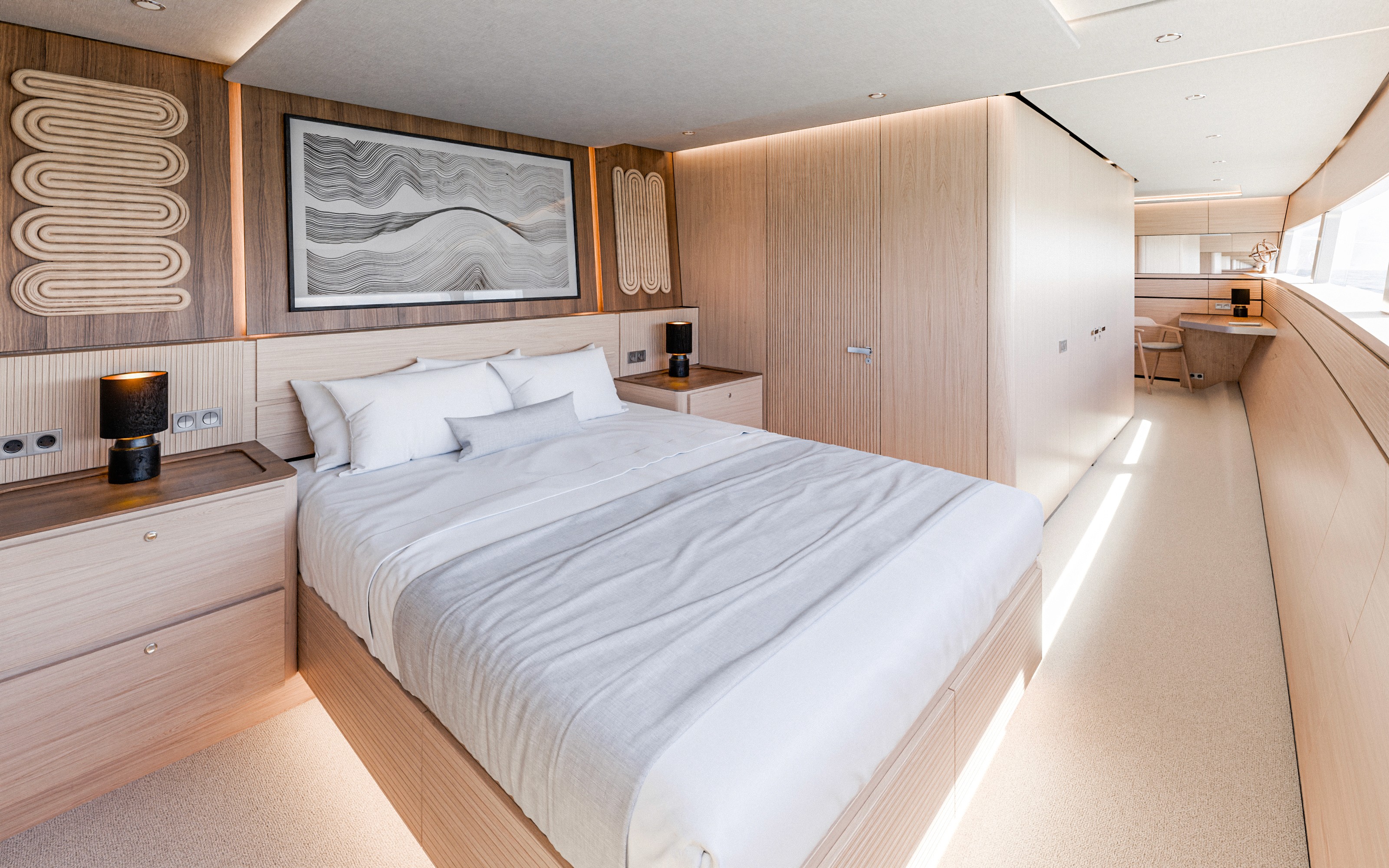 Catamaran yacht interior rendering of a bedroom