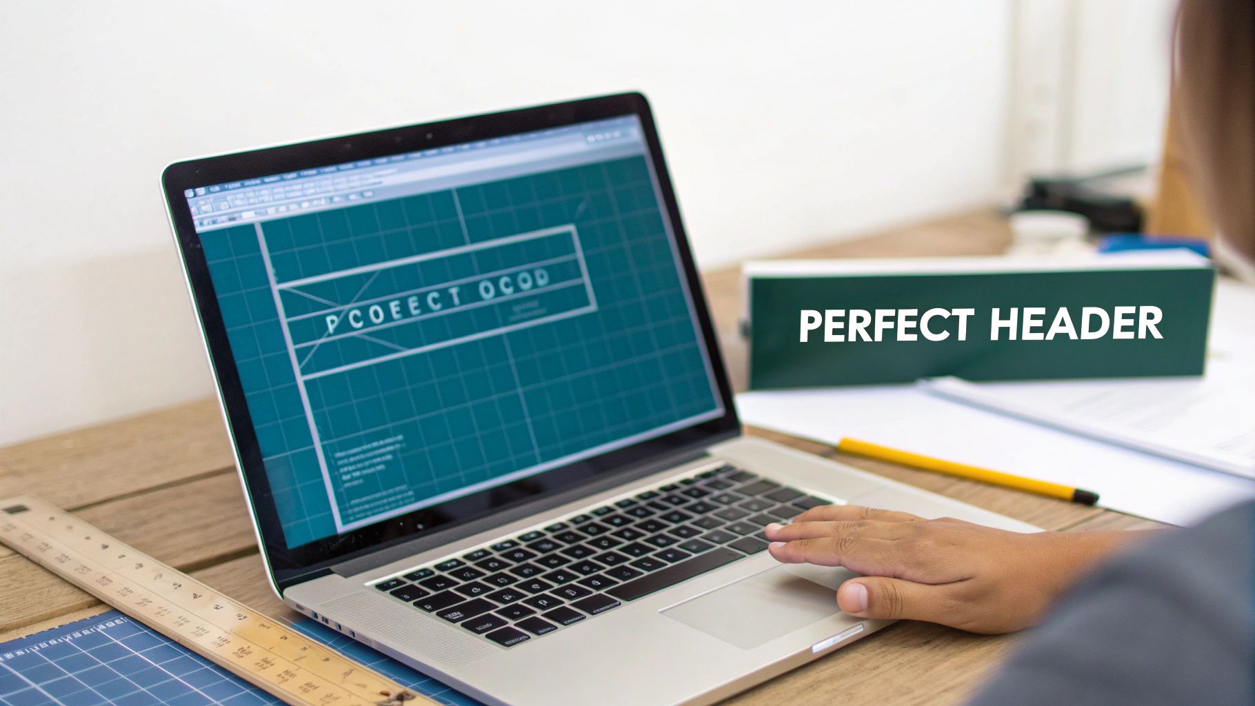 A person working on a laptop displaying a design layout, with a green box reading 'PERFECT HEADER'.