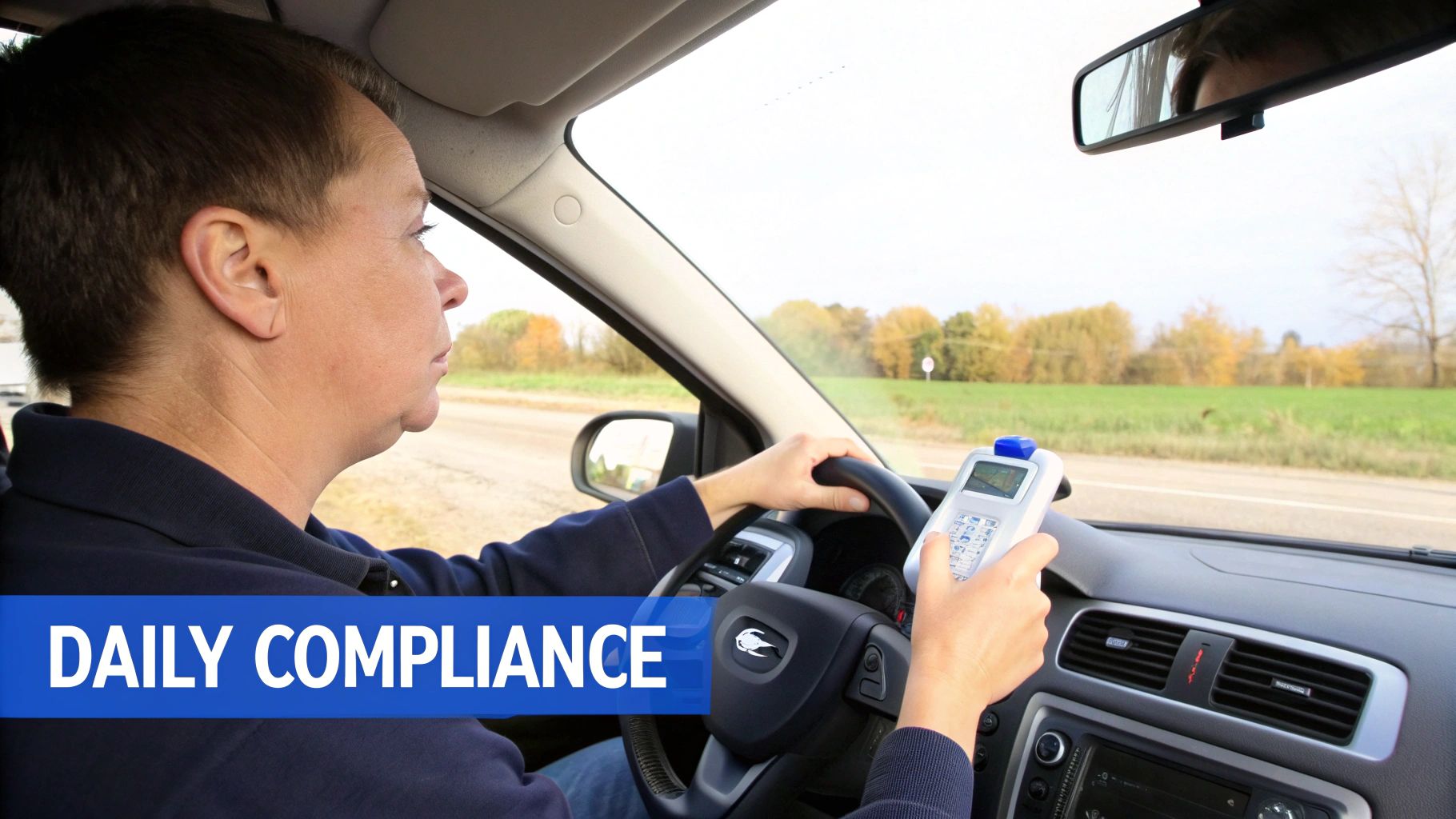 A person in a car holds an ignition interlock device, looking at the road ahead.