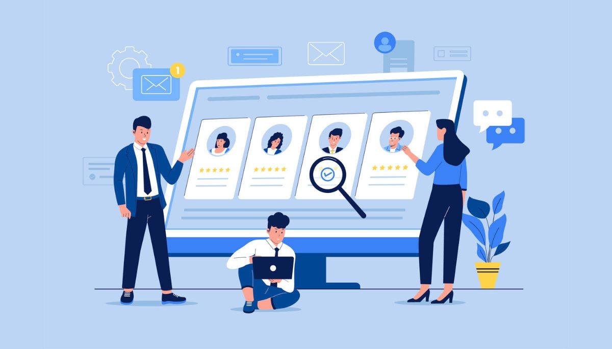 Illustration of recruiters evaluating candidate profiles on a large computer screen, symbolizing modern tech hiring platforms for engineering roles.