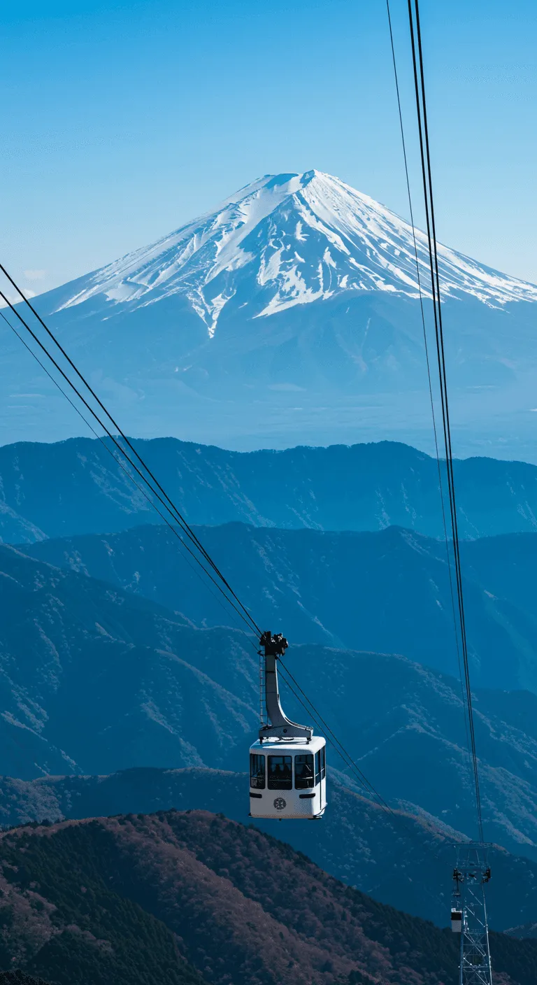 A white ropeway gondola is suspended on thick cables high above layers of hazy blue mountain ranges. In the distance, the iconic, snow-capped volcanic peak of Mount Fuji rises majestically against a clear, bright blue sky.