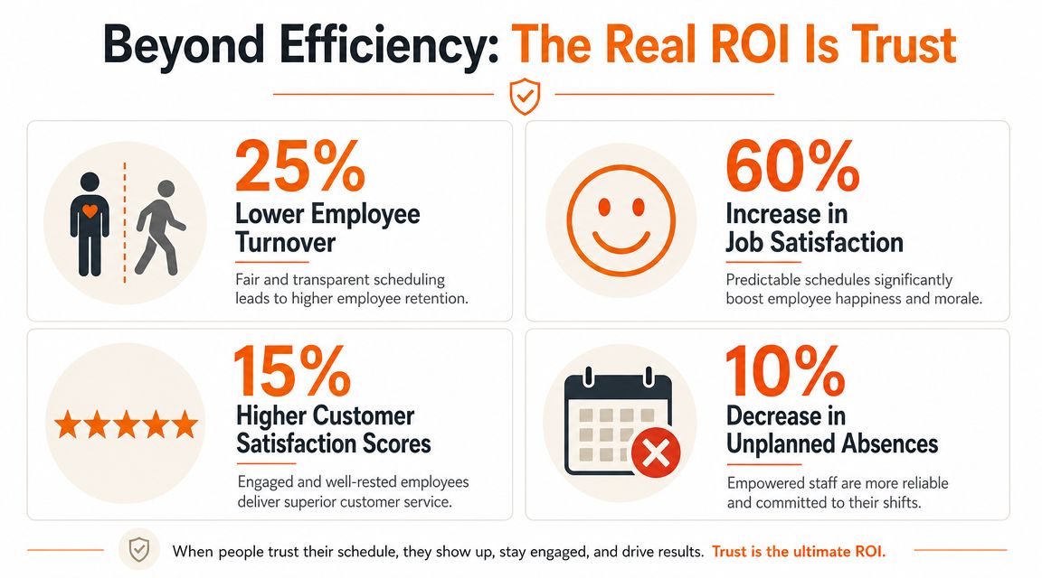 An infographic showing how transparent scheduling leads to improved employee retention, job satisfaction, and business performance.