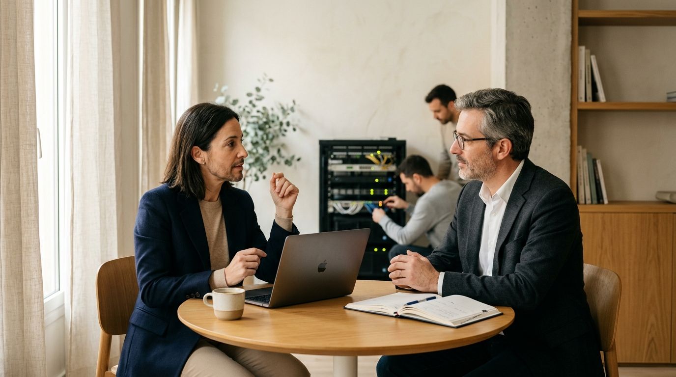 Dos profesionales conversan en una oficina moderna, con técnicos de TI trabajando en segundo plano.