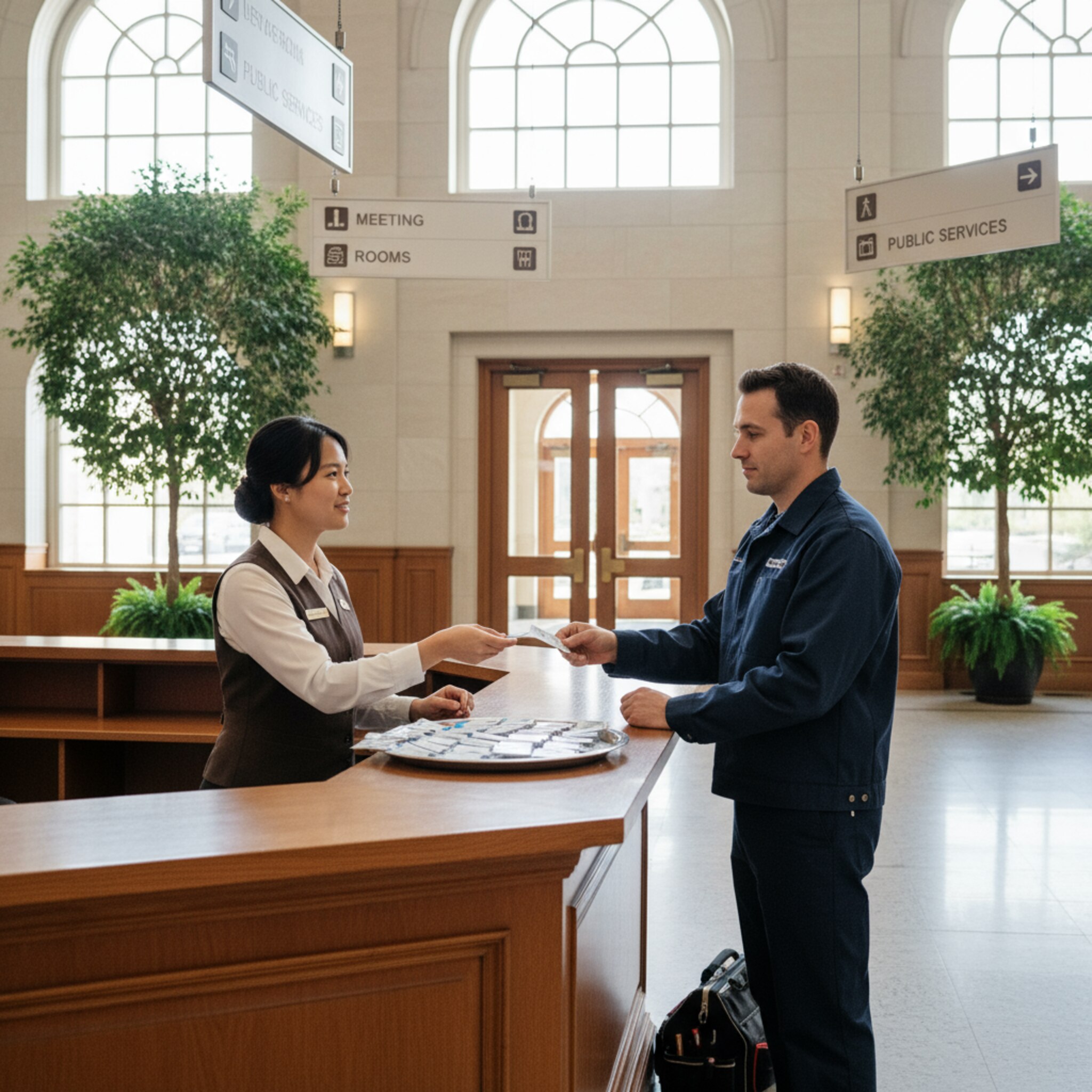 Eine Rathauslobby mit breitem Tresen, darauf liegen vorbereitete Besucherausweise. Eine Mitarbeiterin übergibt einem Handwerker einen Ausweis und deutet den Weg. Hinter ihr öffnet sich eine Flügeltür zu den Sitzungsräumen. Die Atmosphäre ist freundlich, geordnet und gut kontrolliert. Dezente Wegweiser helfen bei der Orientierung.