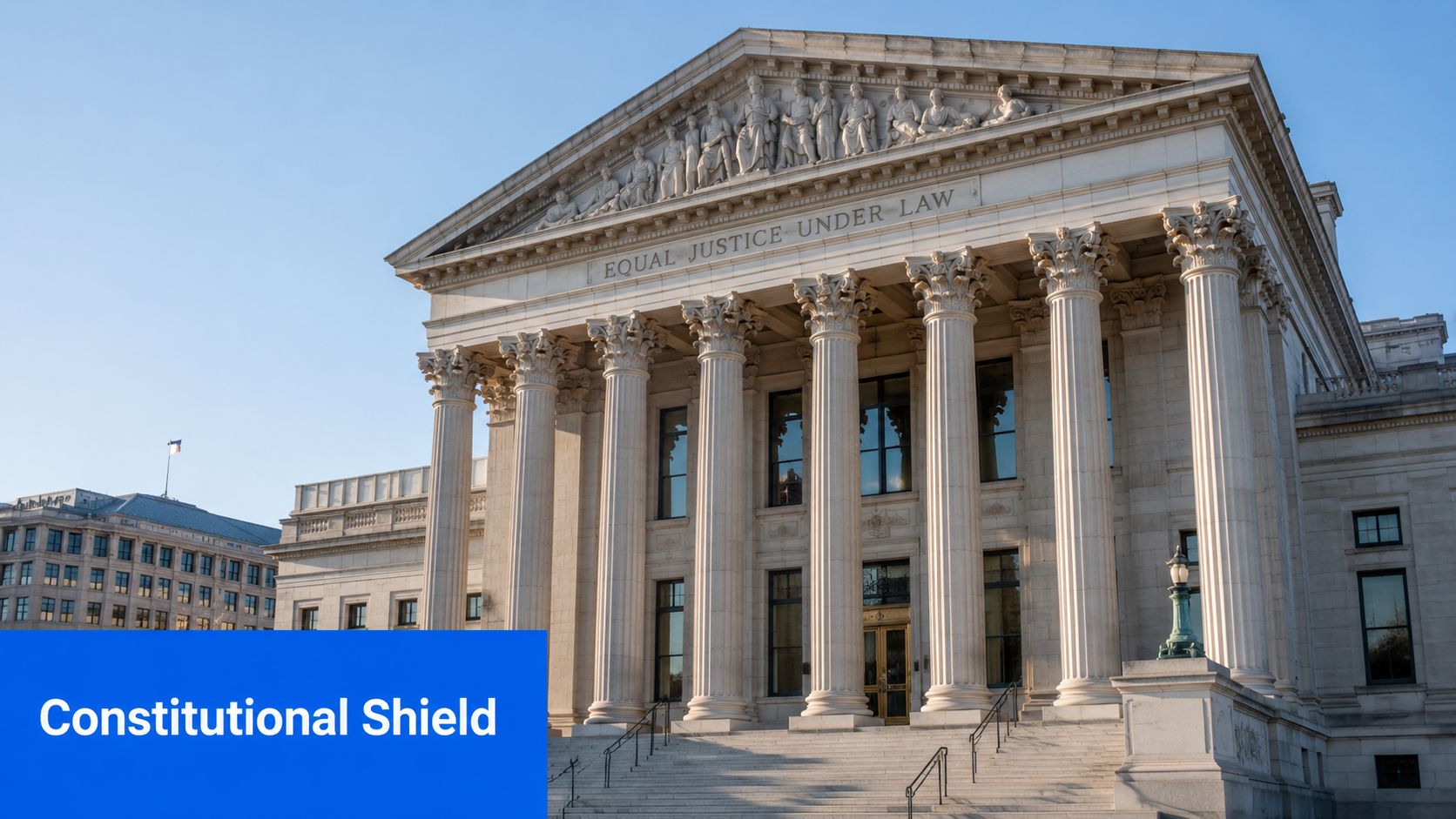 A wide angle view of the United States Supreme Court building exterior under a clear blue sky.