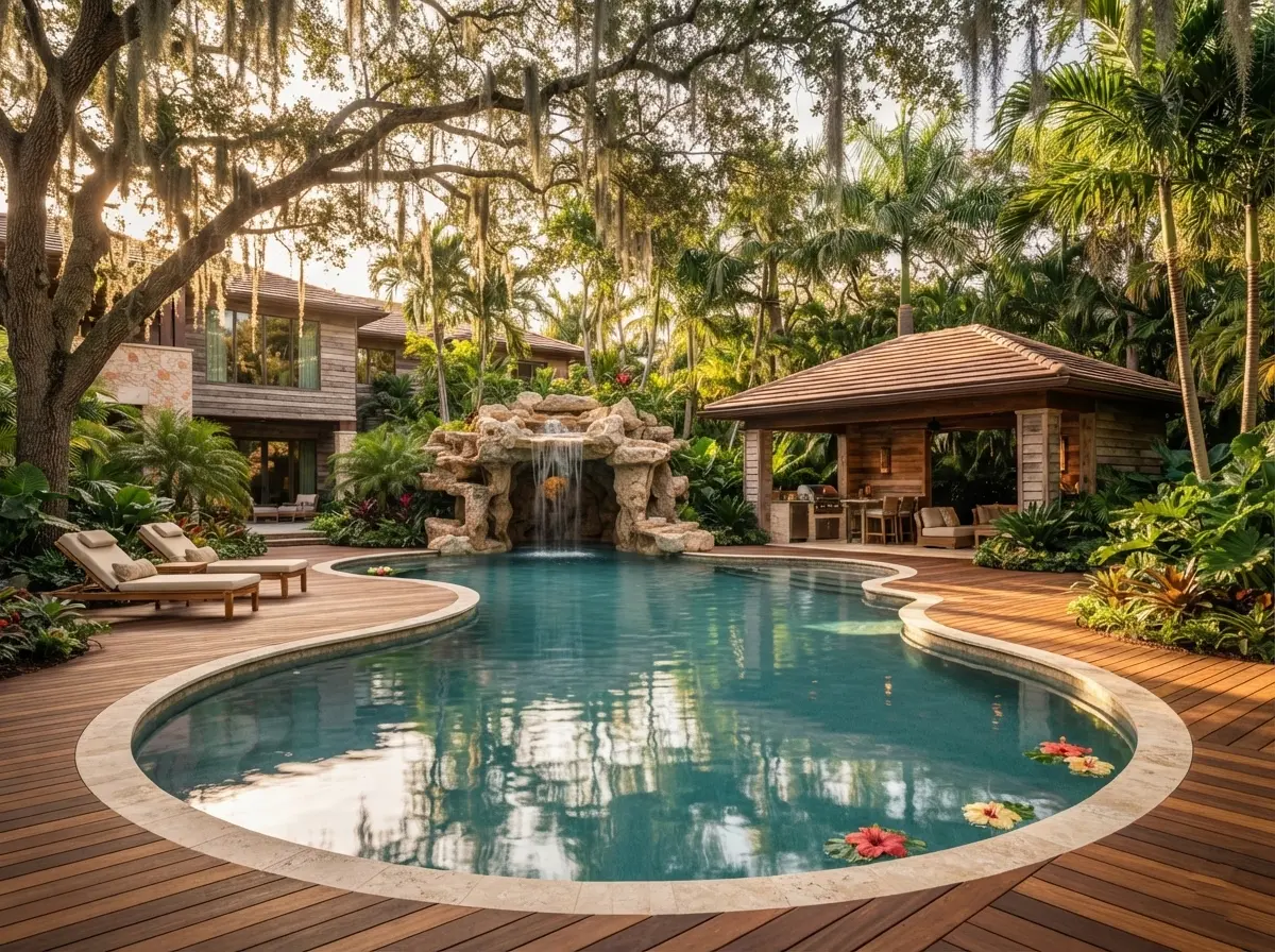 Lush backyard oasis featuring a freeform swimming pool with a rock waterfall, wooden deck, covered outdoor kitchen, and lounge chairs under large oak trees draped with Spanish moss