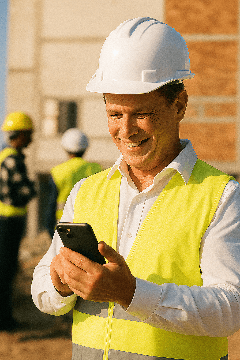 Mestre de obras contente ao realizar scontato via celular.