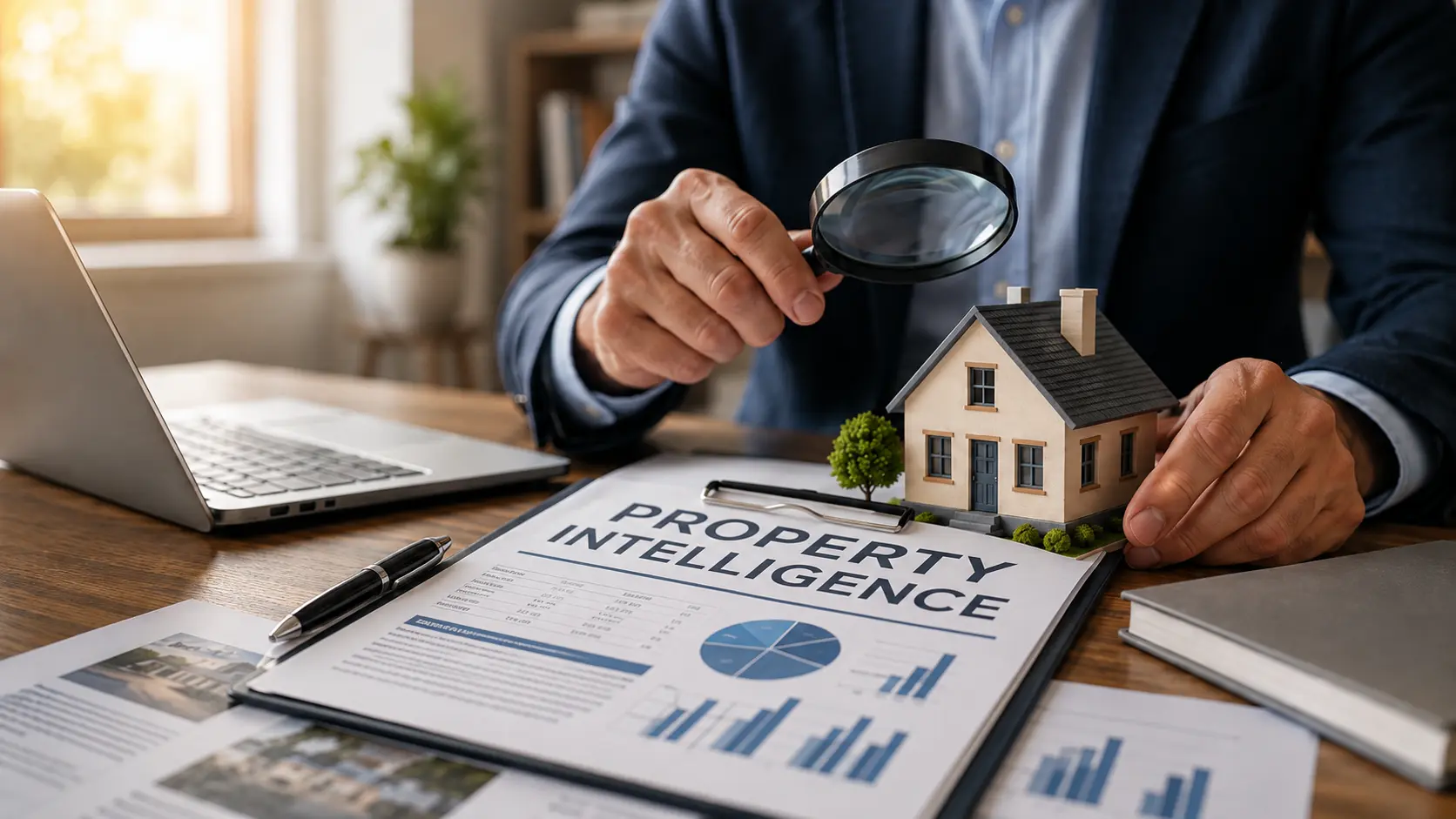 Property intelligence report showing a professional analyzing a model house with a magnifying glass, laptop, charts, and real estate documents.