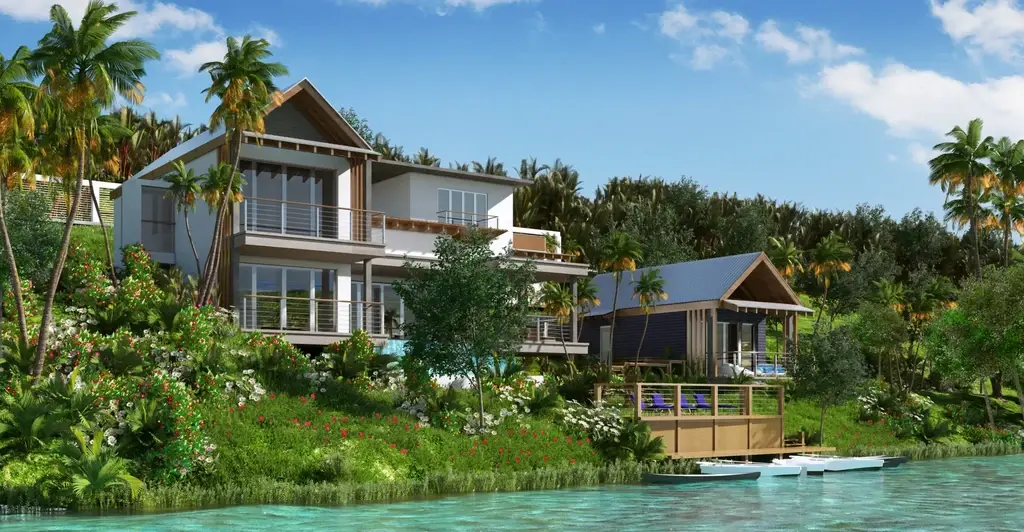 3D rendering of waterfront home with private dock and boathouse on St. Lucia bay