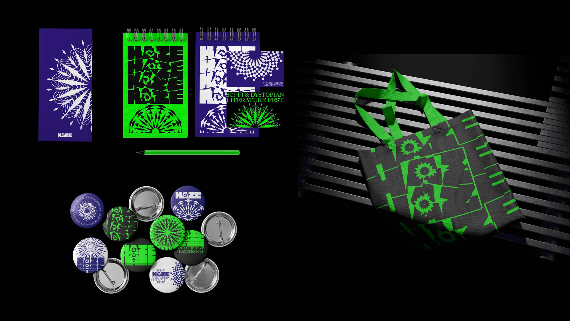 Green typographic posters and merch for a festival called HAZE