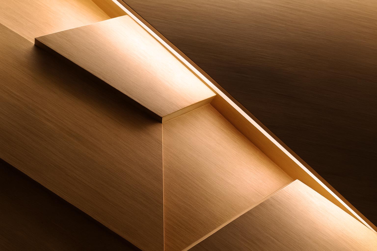 Layered angular wooden panels with warm accent lighting.