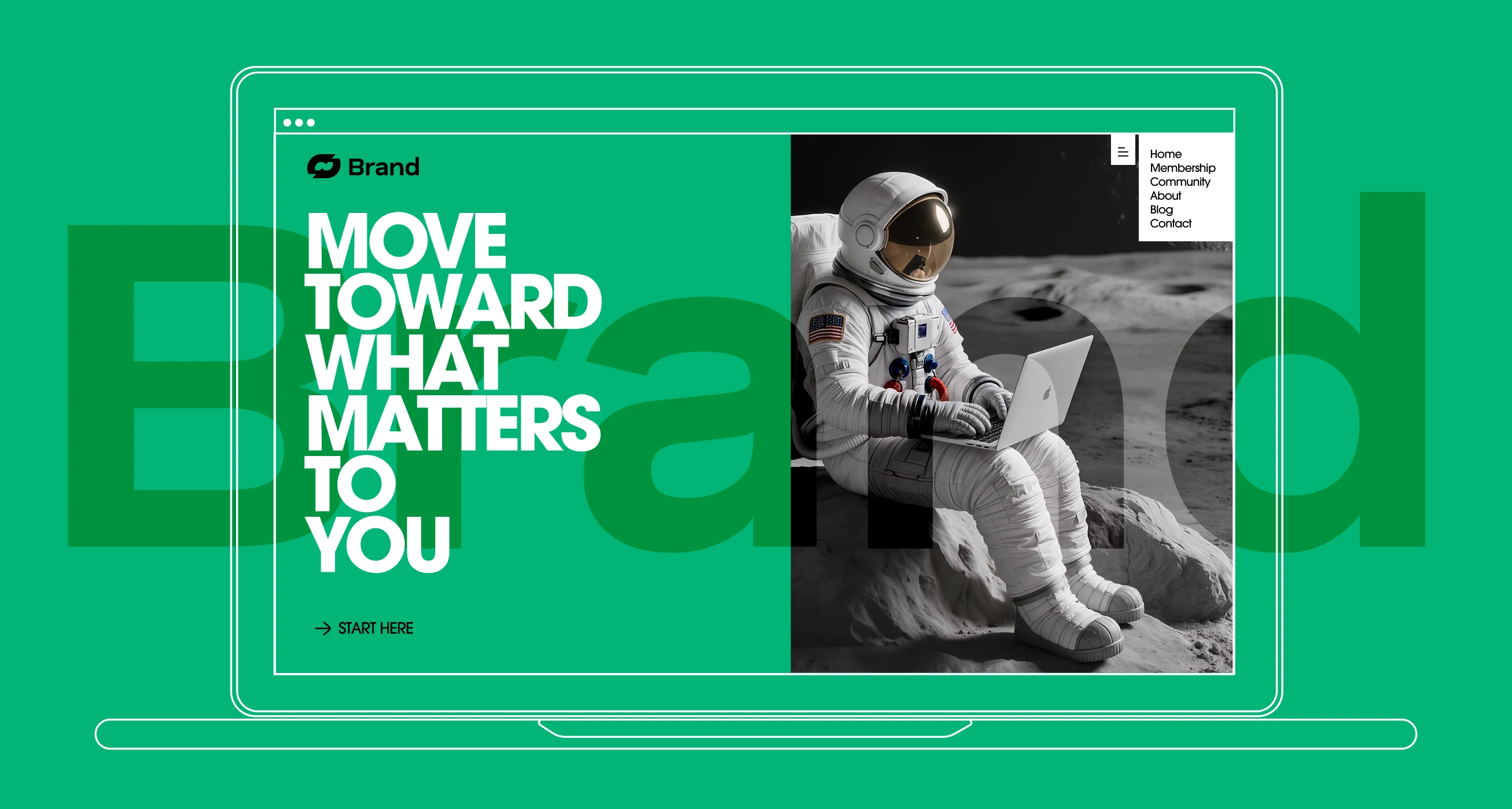 Astronaut using a laptop on the moon; green "Move Toward What Matters" text.