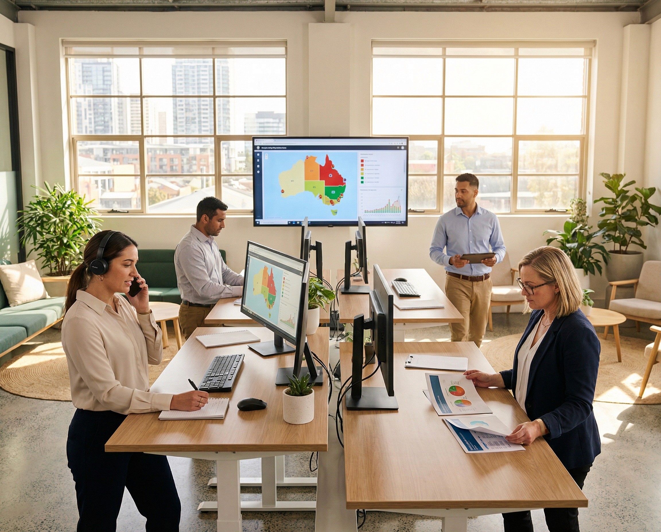 A wide, grounded shot of a large enterprise safety operations centre — not a dark-walled security NOC, but a bright, open workspace where a national WHS team of four or five people works. The team is distributed across a cluster of desks, each engaged in a different aspect of the risk intelligence picture: one is on a call with a site manager, headset on, making notes. Another is reviewing a monitor showing a geographic site-status view. A third is comparing two printed site-level summaries side by side. A fourth is walking between desks carrying a tablet. At the centre of the cluster, a large wall-mounted screen shows a national psychosocial risk overview — site-level status indicators arranged across a map of Australia, coloured blocks showing severity by region — visible in structure and colour but not legible.