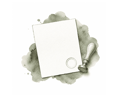 Line-drawn sheet with a pressed circular seal in one corner and a seal stamp resting beside it