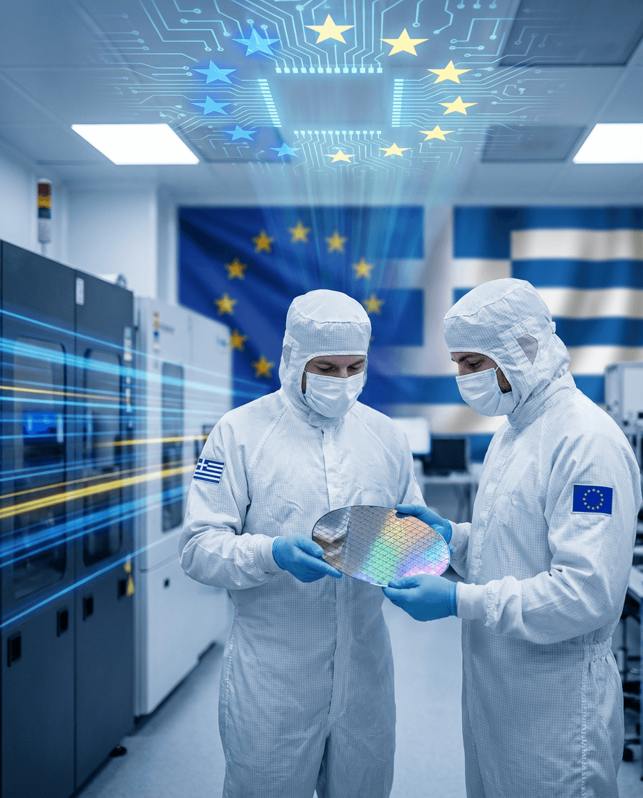 Abstract imagery showing cooperation between Greece and the EU on semiconductor development.
