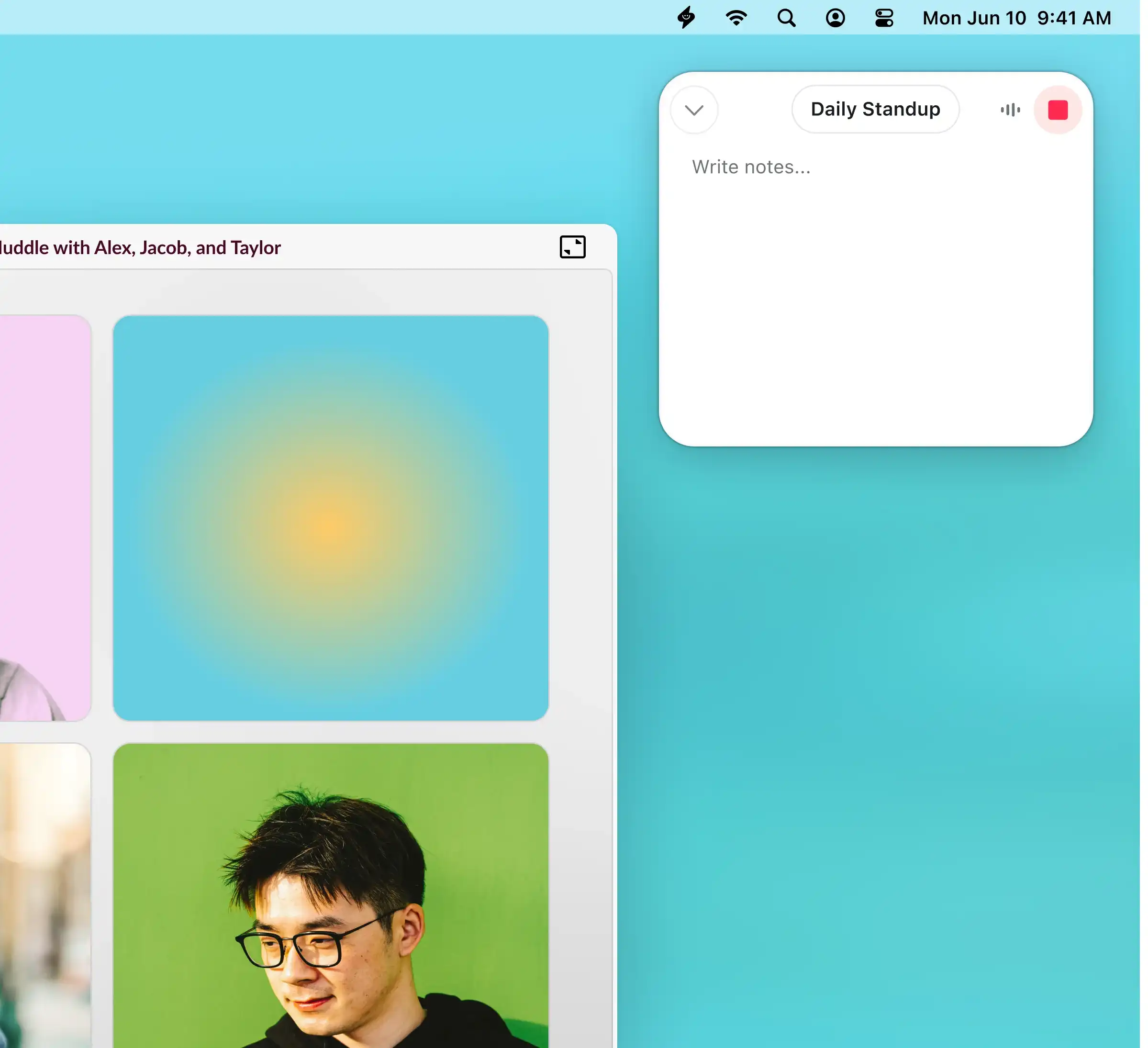 Supernormal Desktop App capturing meeting audio in the background, transcribing all speakers, and creating a complete meeting record without a bot joining the call.