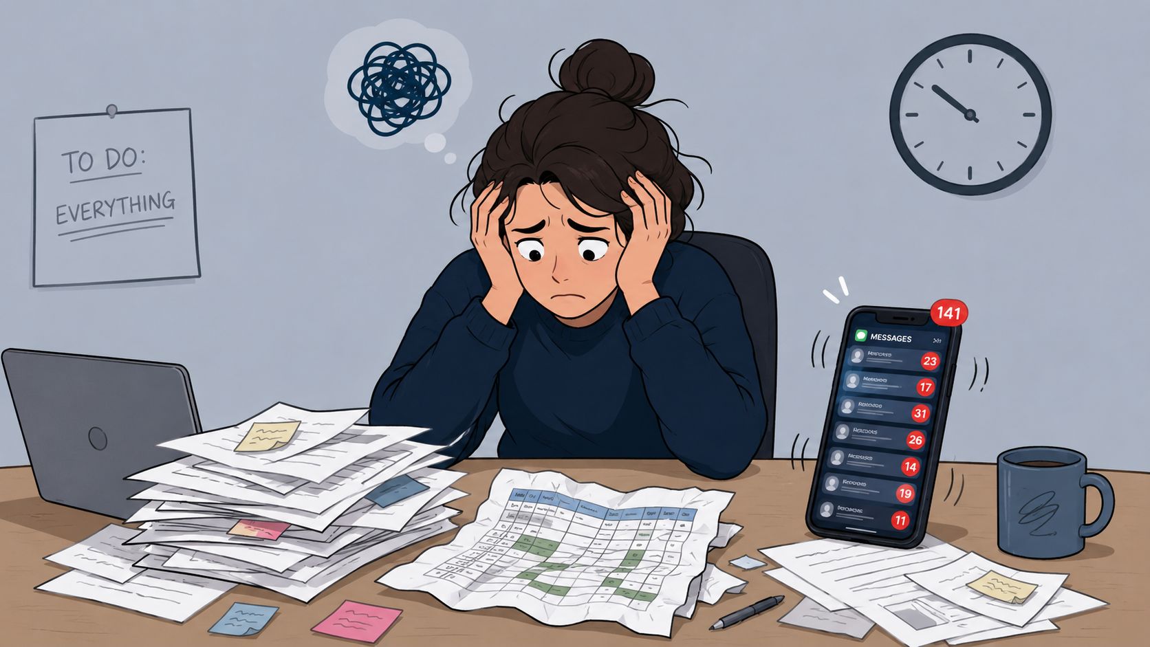 A stressed woman sitting at a desk overwhelmed by paperwork and excessive mobile phone notifications.
