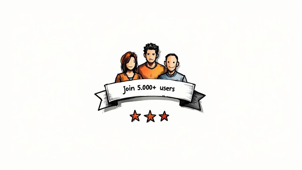 A hand-drawn illustration of three people, a banner reading 'Join 5.000+ users', and three stars.